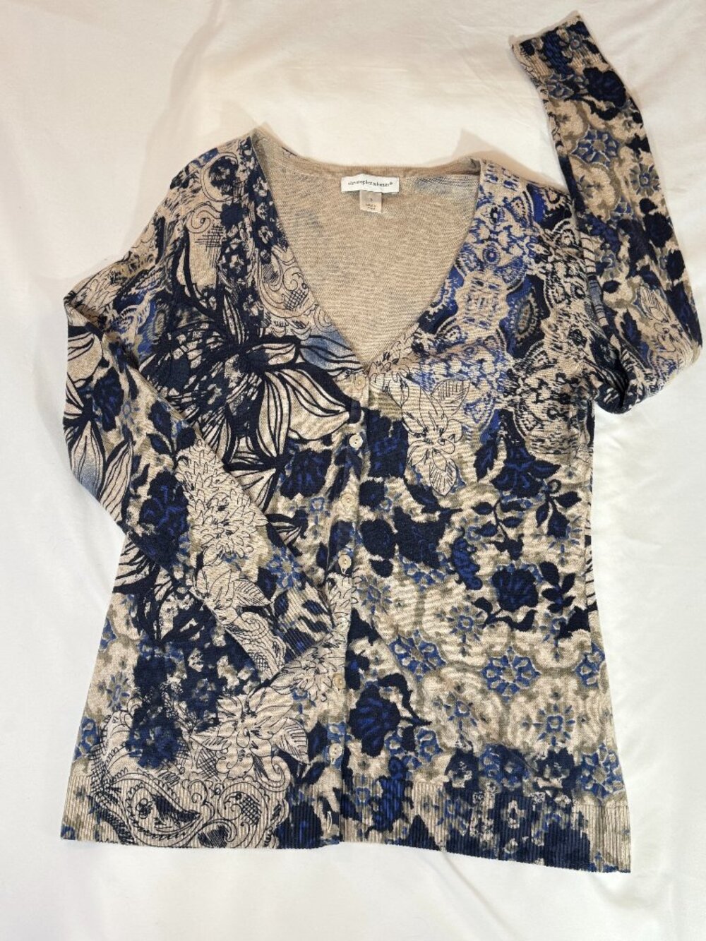 Christopher & Banks Floral Button Front Knit Cardigan Tan and Blue Size Small